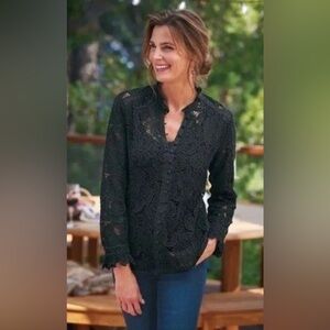 NWT Soft Surroundings top shirt Lasalle black lace button goth dark fairy PS